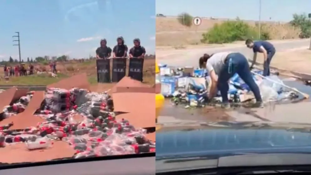 Increíble coincidencia en Córdoba: un camión de fernet y otro de Coca-Cola volcaron en la misma rotonda