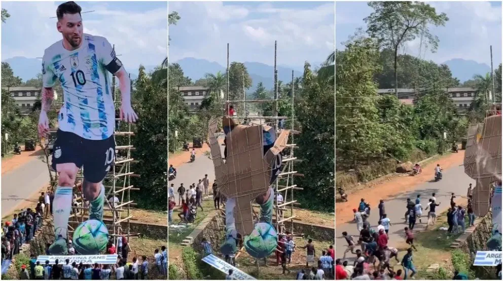 Video: se desplomó una gigantografía de Messi en la India y casi aplasta a los fanáticos