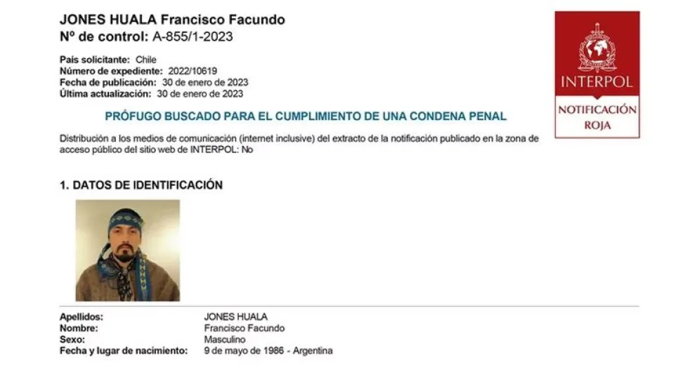 Interpol emitió alerta roja para Jones Huala